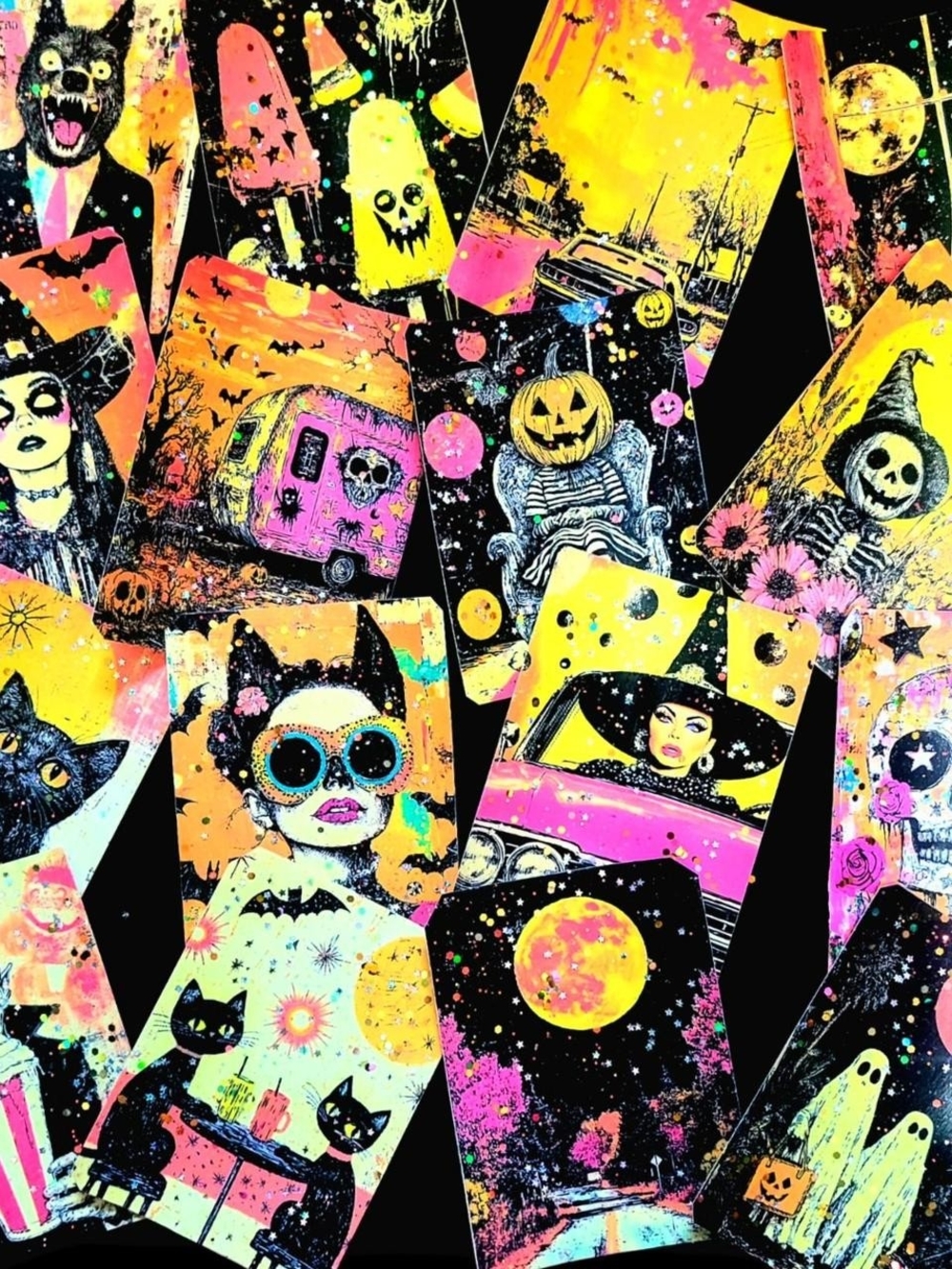 16 Neon Halloween Stickers Large Goth Whimsy Witches Vintage Pop  With Glitter
